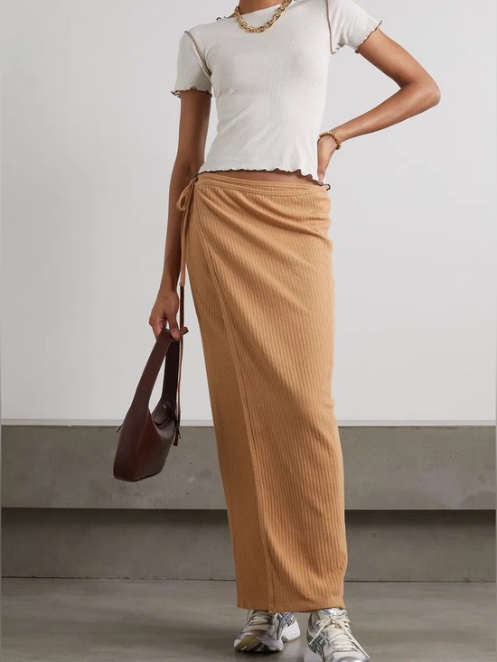 Baserange Dresses & Skirts - Baserange Rib Cotton Knit Wrap Maxi Skirt Beige Tan Sz Small